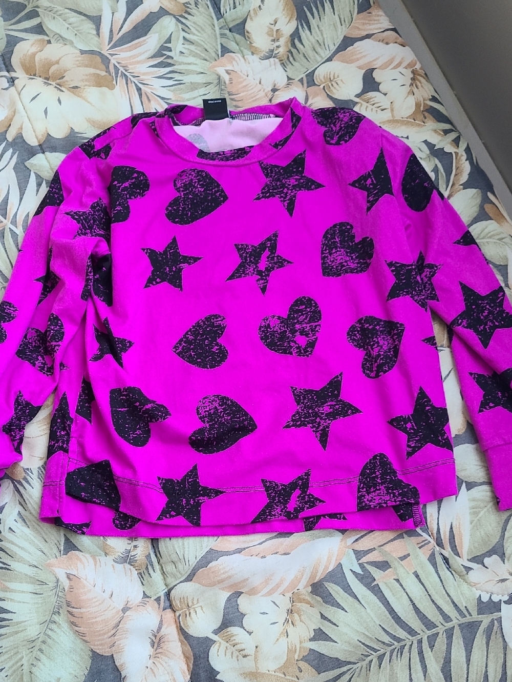 Kids Long Sleeve Tee - Bright Pink with Black Stars & Hearts